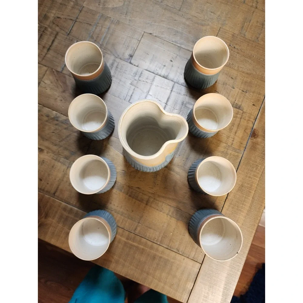 Studio Pottery Pitcher and 8 Tumbler Set Blue Peach‎ Ribbed Stoneware Signed